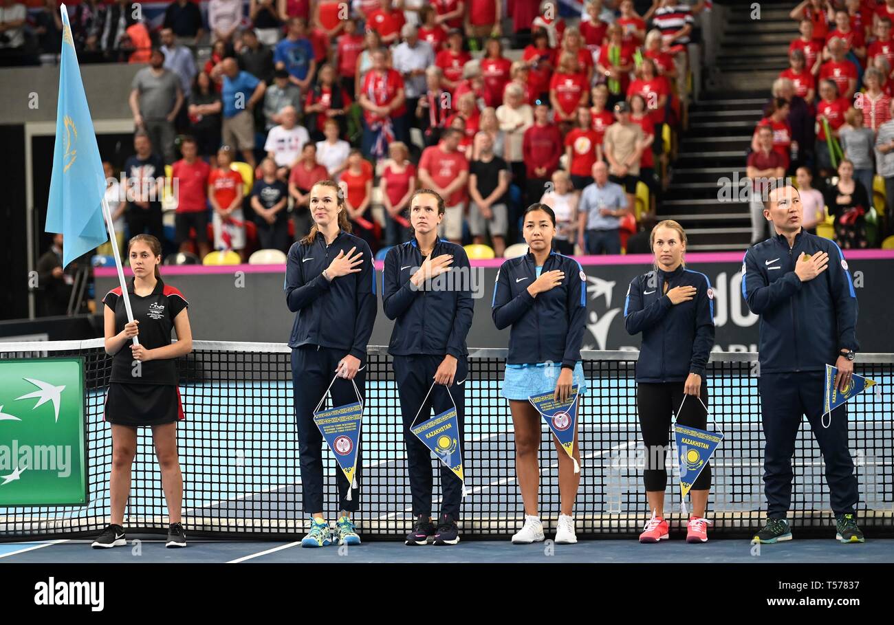 The Kazakhstan team during their national anthem. Rubber 1. World group II play off in the BNP Paribas Fed Cup. Copper Box arena. Queen Elizabeth Olympic Park. Stratford. London. UK. 20/04/2019. Stock Photo