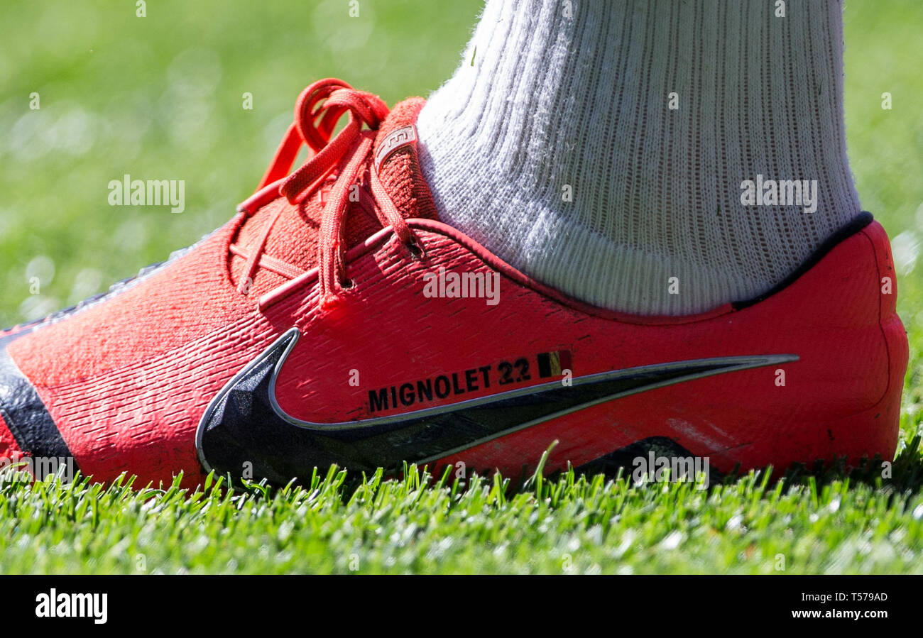 Cardiff, UK. 21st Apr, 2019. The nike football boot of Goalkeeper Simon  Mignolet of Liverpool during the Premier League match between Cardiff City  and Liverpool at the Cardiff City Stadium, Cardiff, Wales