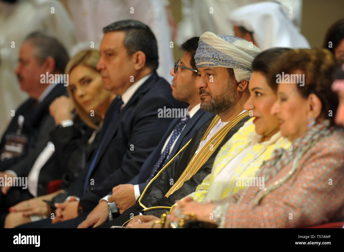 Kuwait City, Kuwait. 21st Apr, 2019. Participants attend the opening ceremony of the 16th Arab Media Forum in Kuwait City, Kuwait, on April 21, 2019. The two-day forum will discuss several topics including humanization of media, the reality and future of the Arab's media, the skill of dealing with social media and the language of dialogue. Credit: Asad/Xinhua/Alamy Live News Stock Photo