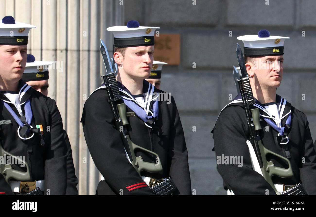 Dublin. 22nd Apr, 2019. Irish Defence Forces personnel attend a ceremony commemorating the 103rd anniversary of Easter Rising in Dublin, Ireland, April 21, 2019. The Easter Rising is an armed insurrection launched by the Irish republicans to end the British rule in Ireland. It began on Easter Monday, April 24, 1916, and last for six days. Credit: Xinhua/Alamy Live News Stock Photo