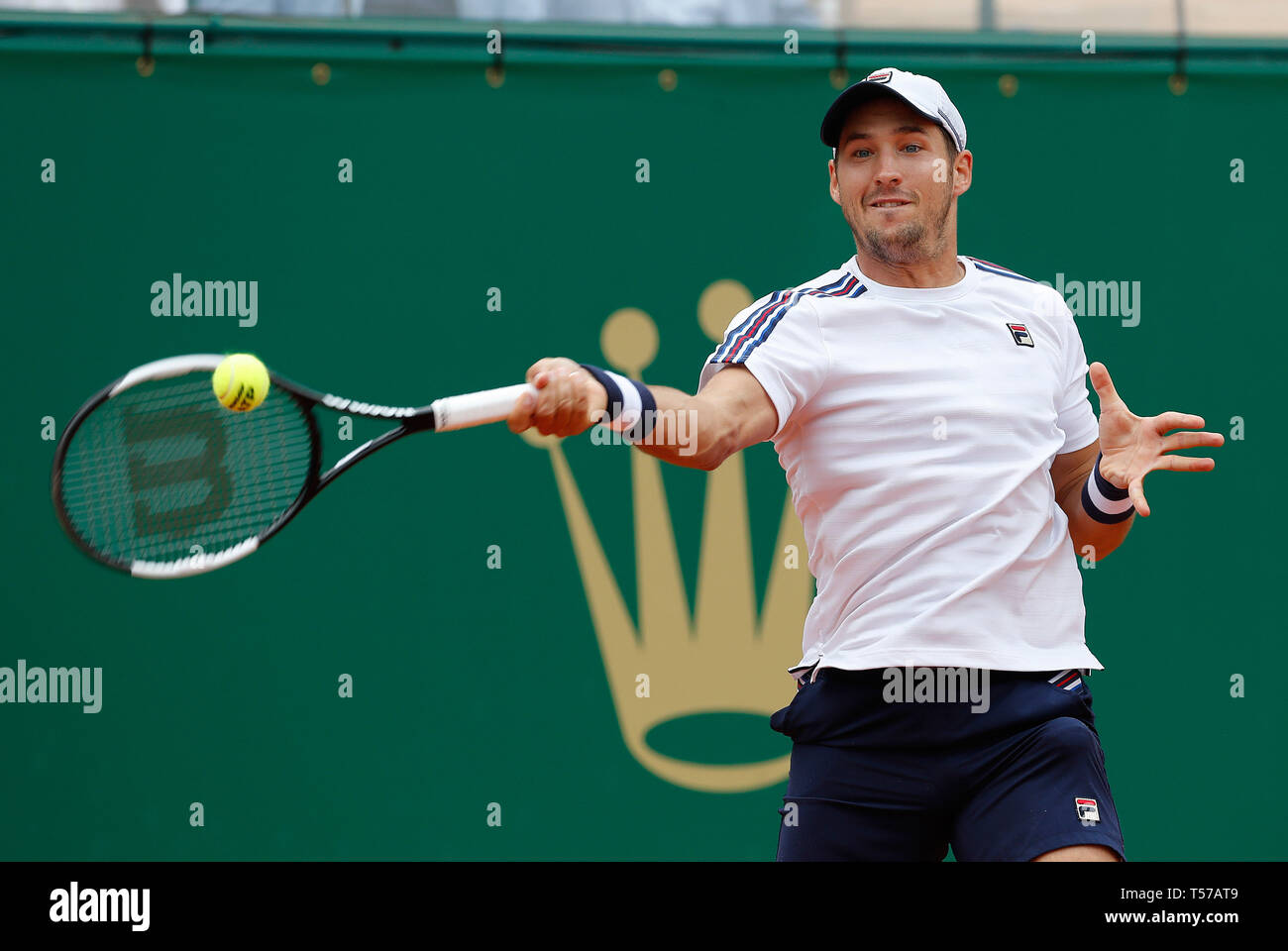Roquebrune Cap Martin, France. 21st Apr, 2019. Dusan Jacovic of Serbia hits  a return during the men's singles final match against Fabio Fognini of  Italy at the Monte-Carlo Rolex Masters tennis tournament