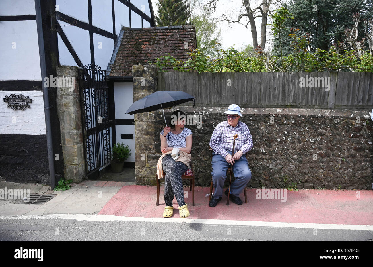 Bolney Sussex, UK. 22nd Apr, 2019. Spetcators stay cool in the shade at the annual Bolney Pram Race in hot sunny weather . The annual races start and finish at the Eight Bells Pub in the village every Easter Bank Holiday Monday Credit: Simon Dack/Alamy Live News Stock Photo