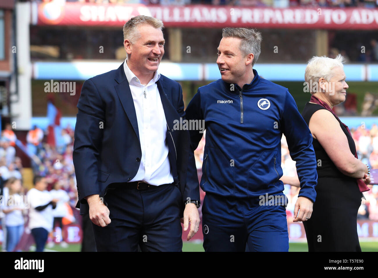 Birmingham, UK. 22nd Apr, 2019. Aston Villa Manager Dean Smith and Millwall Manager Neil Harris during the Sky Bet Championship match between Aston Villa and Millwall at Villa Park, Birmingham. (Credit: Leila Coker | MI News) Editorial use only, license required for commercial use. No use in betting, games or a single club/league/player publications. Photograph may only be used for newspaper and/or magazine editorial purposes. Credit: MI News & Sport /Alamy Live News Stock Photo