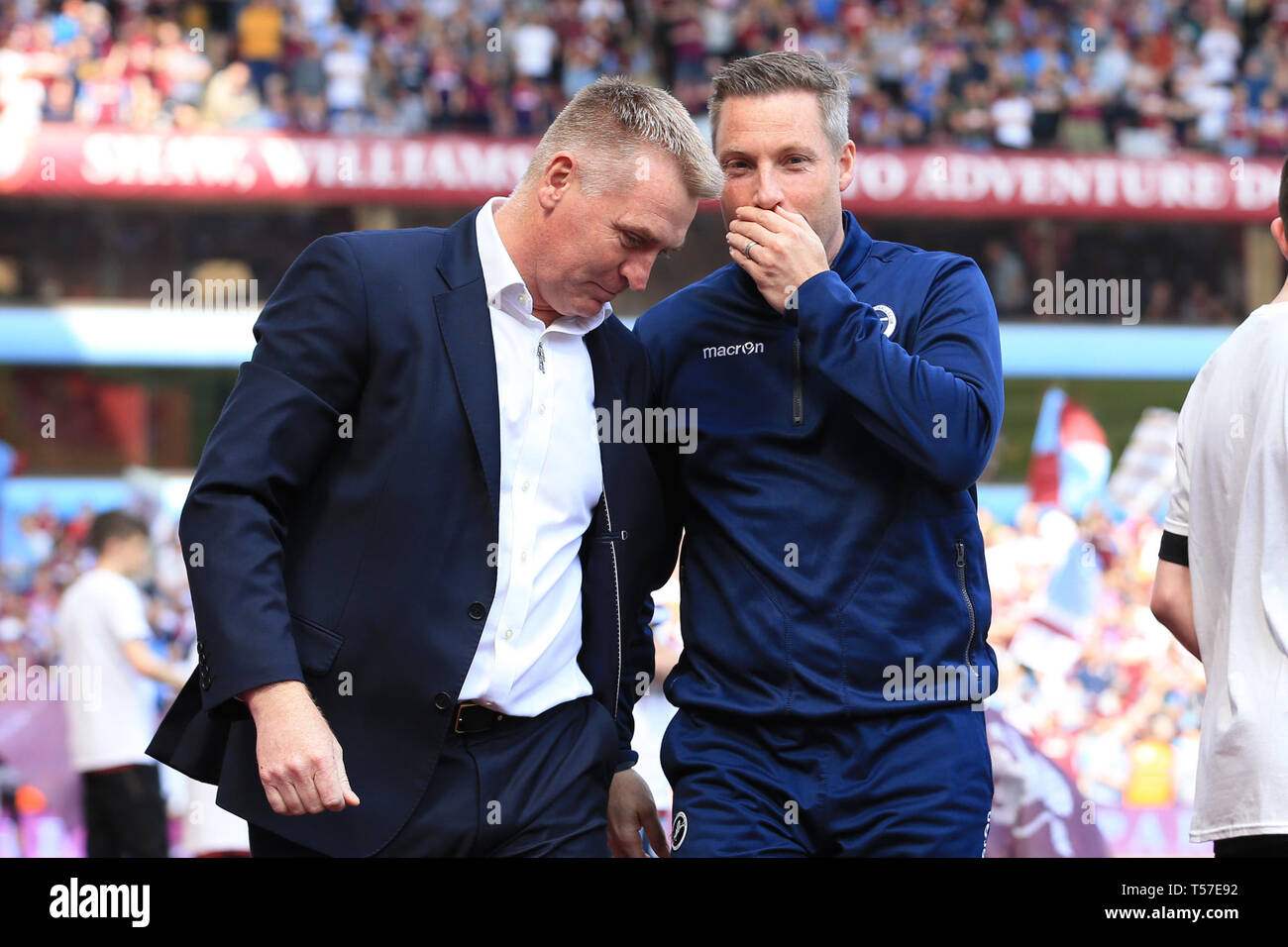 Birmingham, UK. 22nd Apr, 2019. Millwall Manager Neil Harris and Aston Villa Manager Dean Smith during the Sky Bet Championship match between Aston Villa and Millwall at Villa Park, Birmingham. (Credit: Leila Coker | MI News) Editorial use only, license required for commercial use. No use in betting, games or a single club/league/player publications. Photograph may only be used for newspaper and/or magazine editorial purposes. Credit: MI News & Sport /Alamy Live News Stock Photo