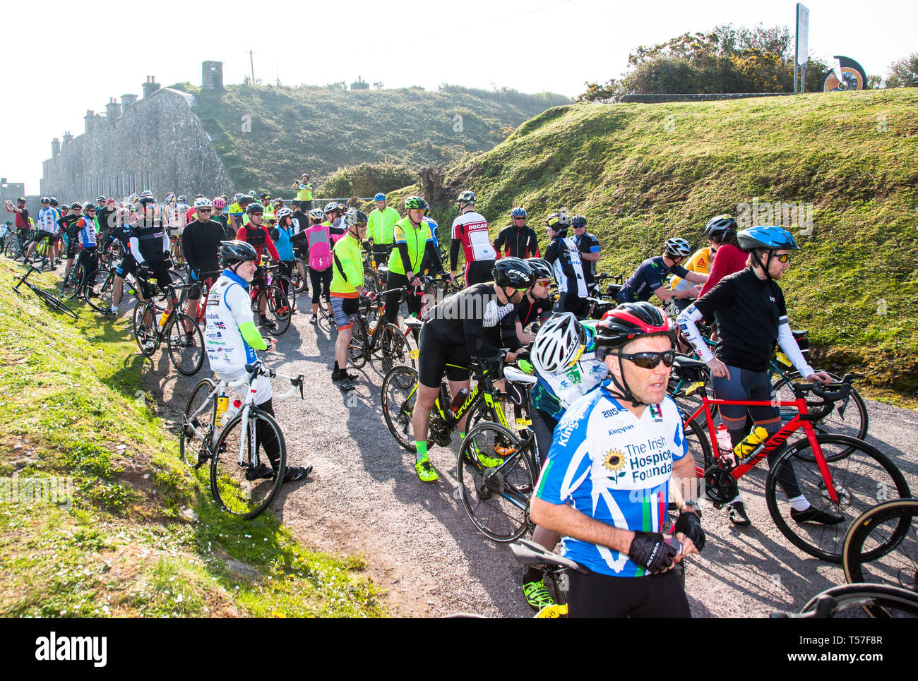 Crosshaven, County Cork, Ireland. 22nd April, 2019. /Cyclists preparing to set off on the Fort 2 Fort Charity Cycle at Camden Fort Meagher Crosshaven Co. Cork. The cycle is to help raise funds for the Mercy University Hospital Foundation, four Cork City and County Lions Clubs, and Camden Fort Meagher Restoration. Credit: David Creedon/Alamy Live News Stock Photo