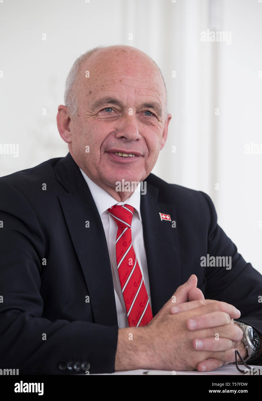 Bern, Switzerland. 16th Apr, 2019. President Ueli Maurer of the Swiss Confederation receives a joint interview with Chinese media in Bern, Switzerland, on April 16, 2019. China's Belt and Road Initiative (BRI) is a fundamental task crucial for generations to come, which, when implemented smoothly, will bring many benefits to both the economic development and the well-being of the people worldwide, Maurer has said. TO GO WITH Interview: BRI crucial for generations to come: President of Swiss Confederation Credit: Xu Jinquan/Xinhua/Alamy Live News Stock Photo