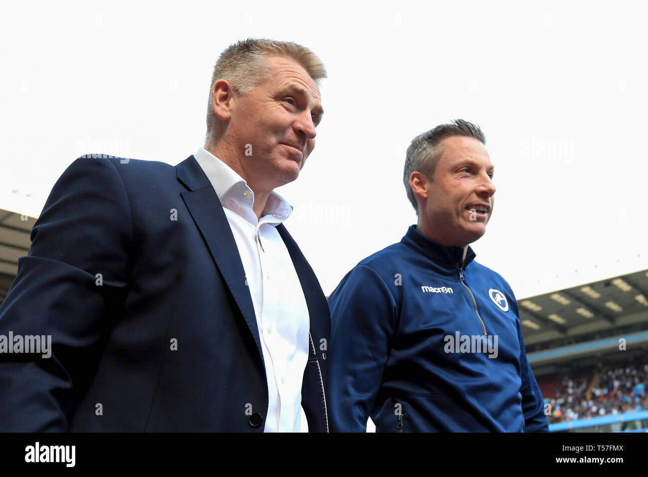 Birmingham, UK. 22nd Apr, 2019. Aston Villa Manager Dean Smith and Millwall Manager Neil Harris during the Sky Bet Championship match between Aston Villa and Millwall at Villa Park, Birmingham. (Credit: Leila Coker | MI News) Editorial use only, license required for commercial use. No use in betting, games or a single club/league/player publications. Photograph may only be used for newspaper and/or magazine editorial purposes. Credit: MI News & Sport /Alamy Live News Stock Photo