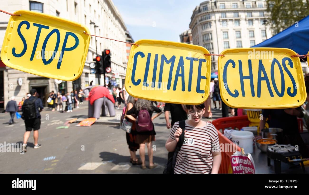 London, UK.  22 April 2019.  Signs made by activists at Marble Arch during 'London: International Rebellion', on day eight of a protest organised by Extinction Rebellion.  Protesters are demanding that governments take action against climate change.  After police issued section 14 orders at the other protest sites of Oxford Circus, Waterloo Bridge and Parliament Square resulting in over 900 arrests, protesters have convened at the designated site of Marble Arch so that the protest can continue into its second week.  Credit: Stephen Chung / Alamy Live News Stock Photo
