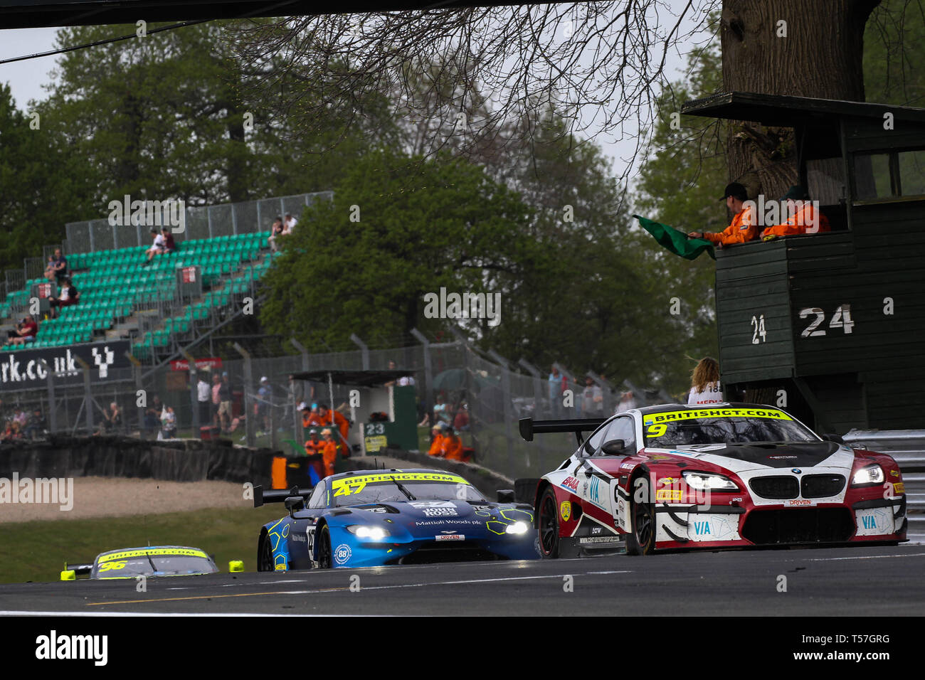 Taporley, Cheshire, UK. 22nd Apr, 2019. Century Motorsport BMW M6 GT3 with Pro/Am drivers Jack Mitchell & Adrian Willmott leads TF Sport Aston Martin V8 Vantage GT3 with Pro/Am drivers Jonny Adam & Graham Davidson during the British GT Championship Oulton Park at  Oulton Park, Tarporley, England on 22 April 2019. Photo by Jurek Biegus.  Editorial use only, license required for commercial use. No use in betting, games or a single club/league/player publications. Credit: UK Sports Pics Ltd/Alamy Live News Stock Photo