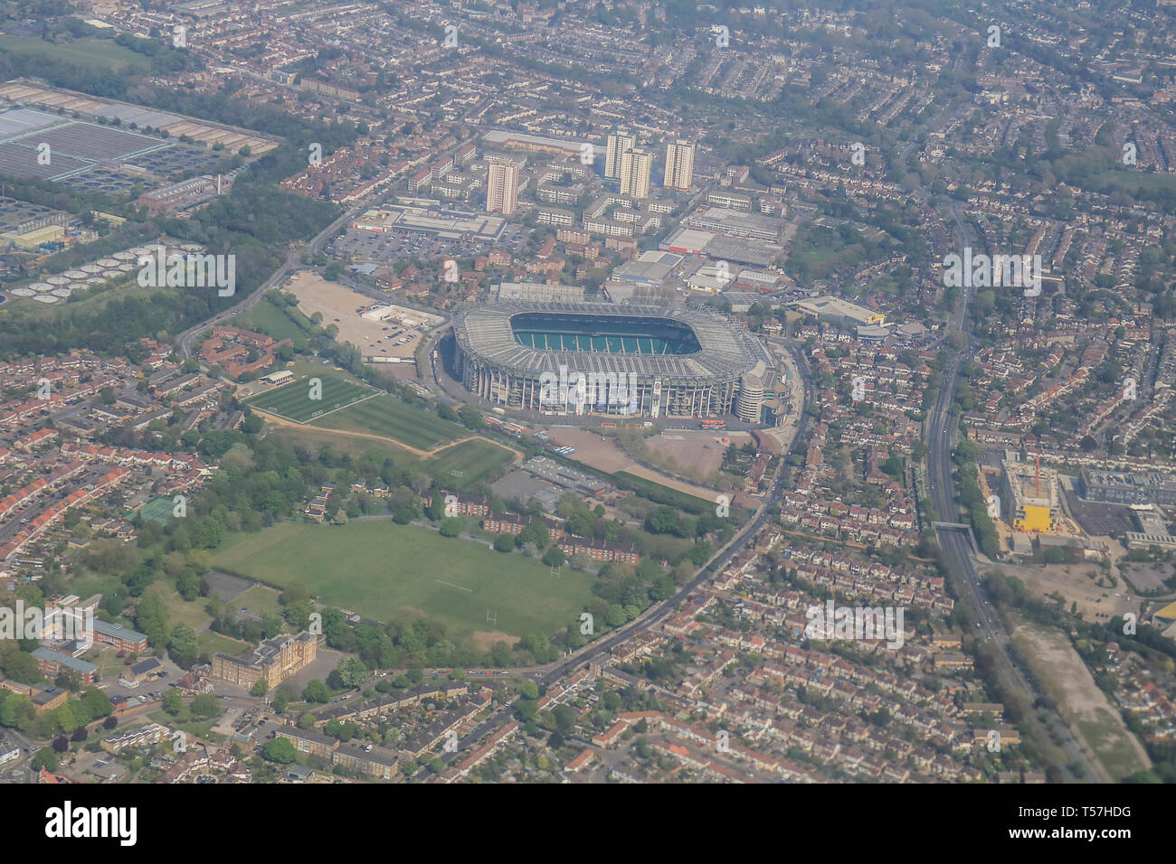 London UK. 22nd April 2019.  An aerial photograph directly above Twickenham Stadium home of England Rugby under warm spring sunshine on Easter bank holiday Monday as temperatures are forecast to soar to 27 degrees celsius Credit: amer ghazzal/Alamy Live News Stock Photo