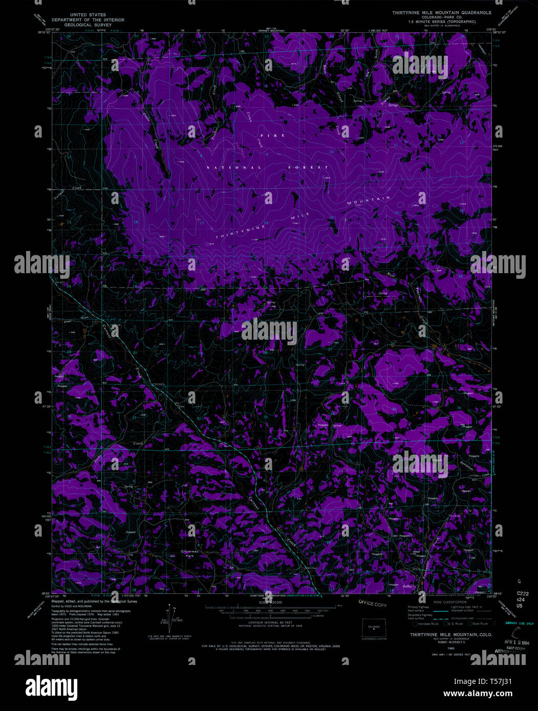 USGS TOPO Map Colorado CO Thirtynine - Usgs Topo Map Colorado Co Thirtynine Mile Mountain 402114 1983 24000 Inverted Restoration T57J31 