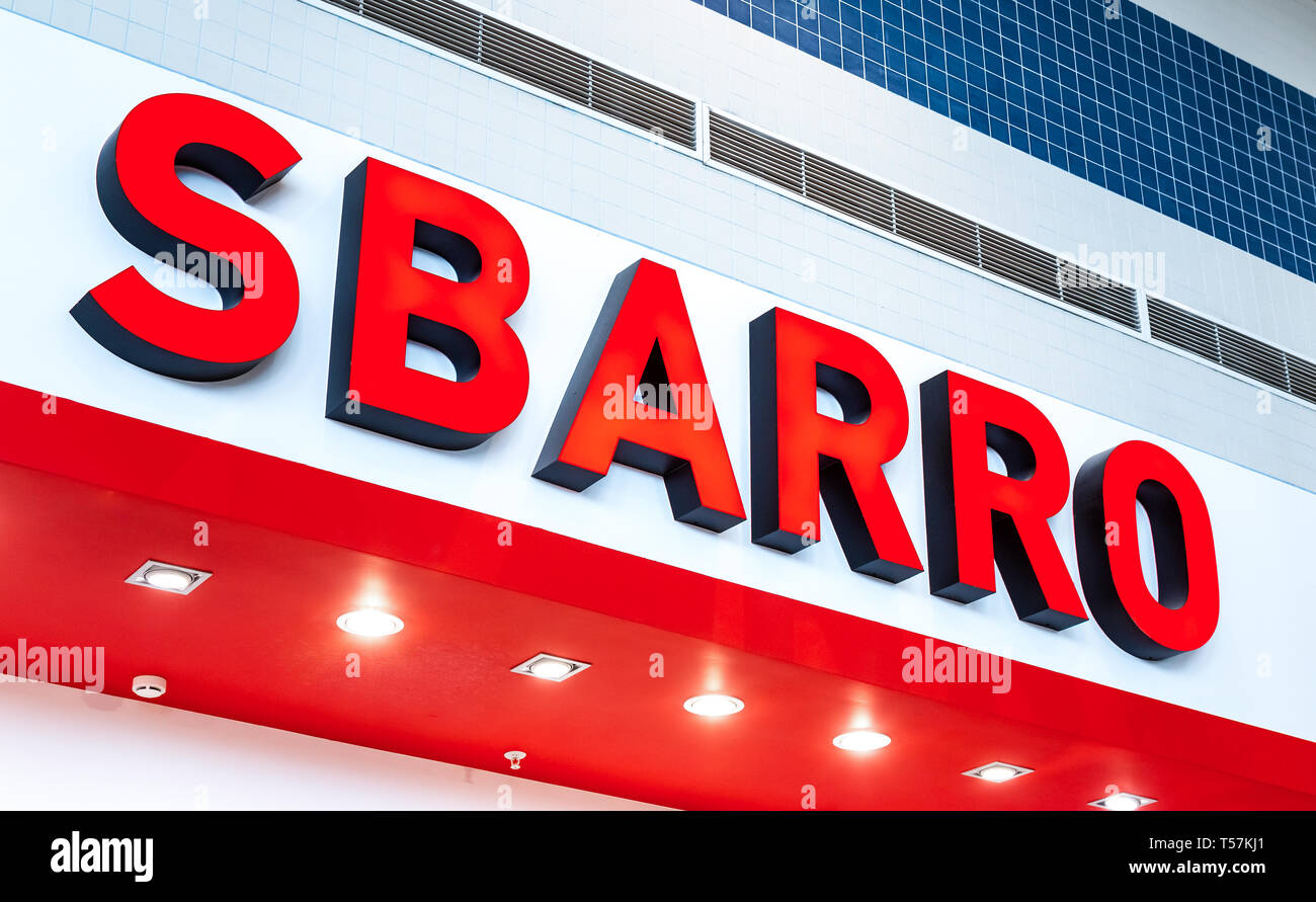 Samara, Russia - April 20, 2019: Signboard Sbarro fast food restaurant. Sbarro is a chain of pizza restaurants that specializes in Italian-American cu Stock Photo