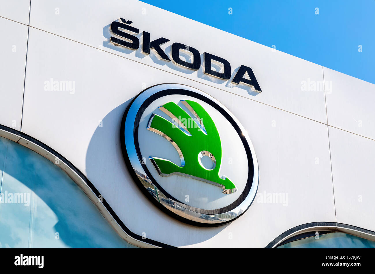 Samara, Russia - April 20, 2019: Skoda dealership sign. Skoda Auto is an automobile manufacturer based in the Czech Republic Stock Photo