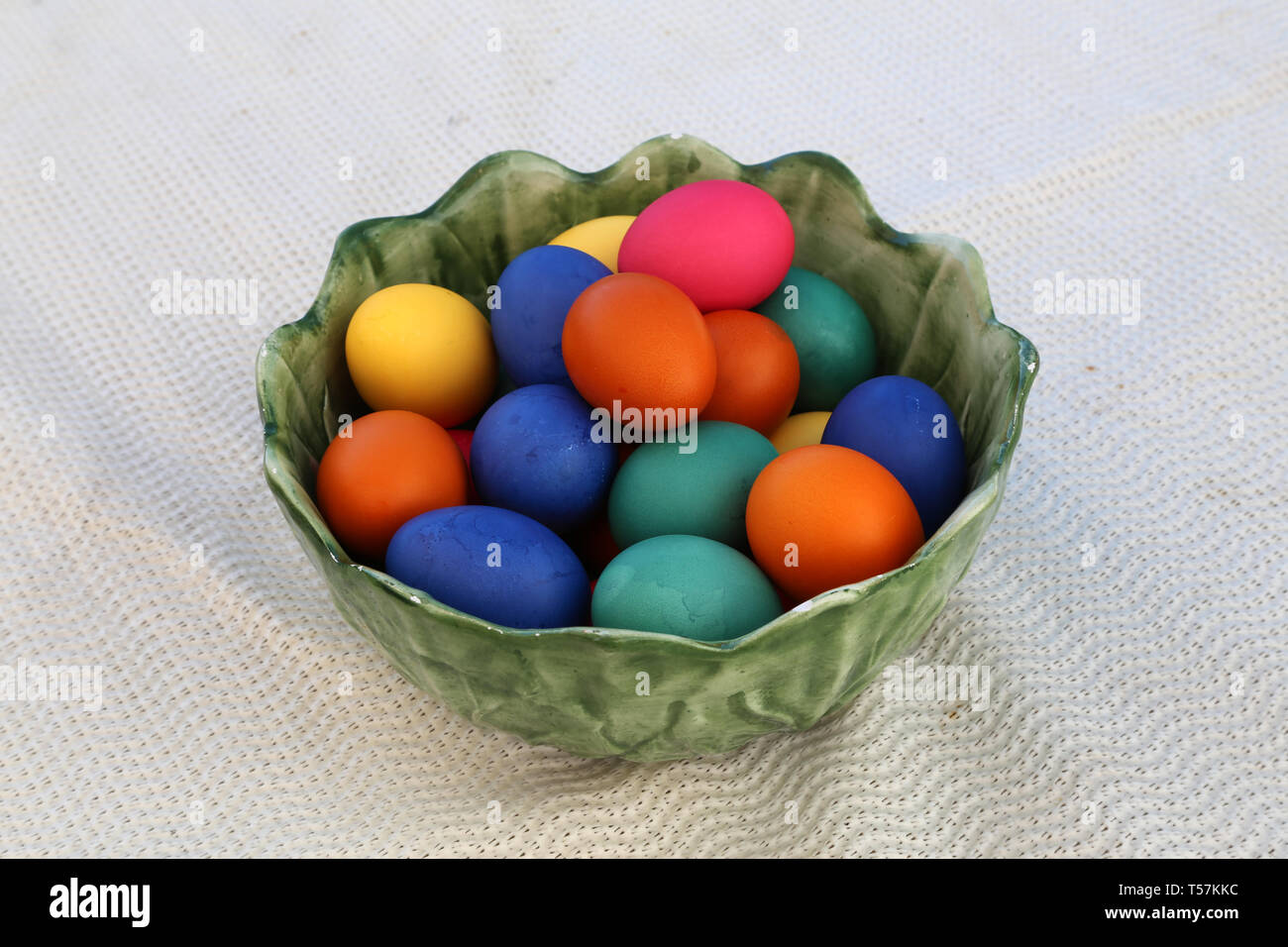 Easter traditions. Compositions with painted Easter eggs. Stock Photo