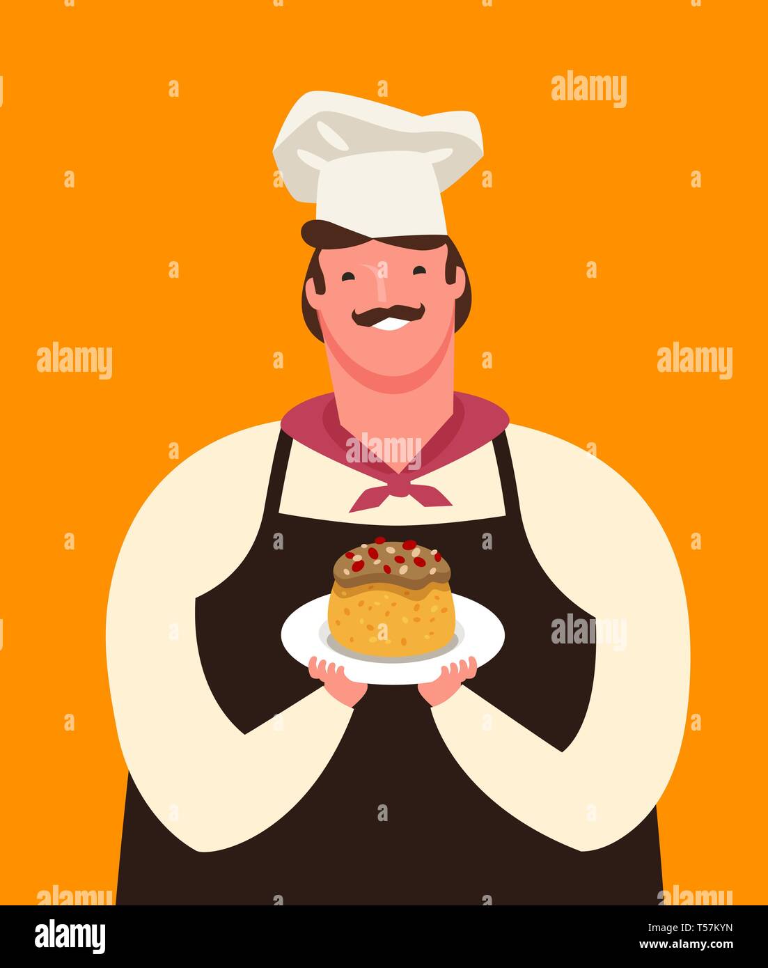 Cute chef holding a plate of dessert. Menu, culinary concept. Cartoon vector illustration Stock Vector