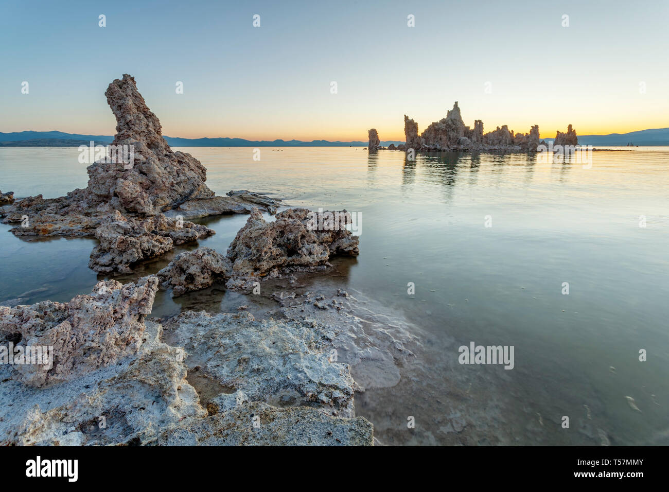 The wonderful and surreal landscape of Mono Lake, Mono County, California. Where limestone tufa towers were created by past receding water levels, whi Stock Photo