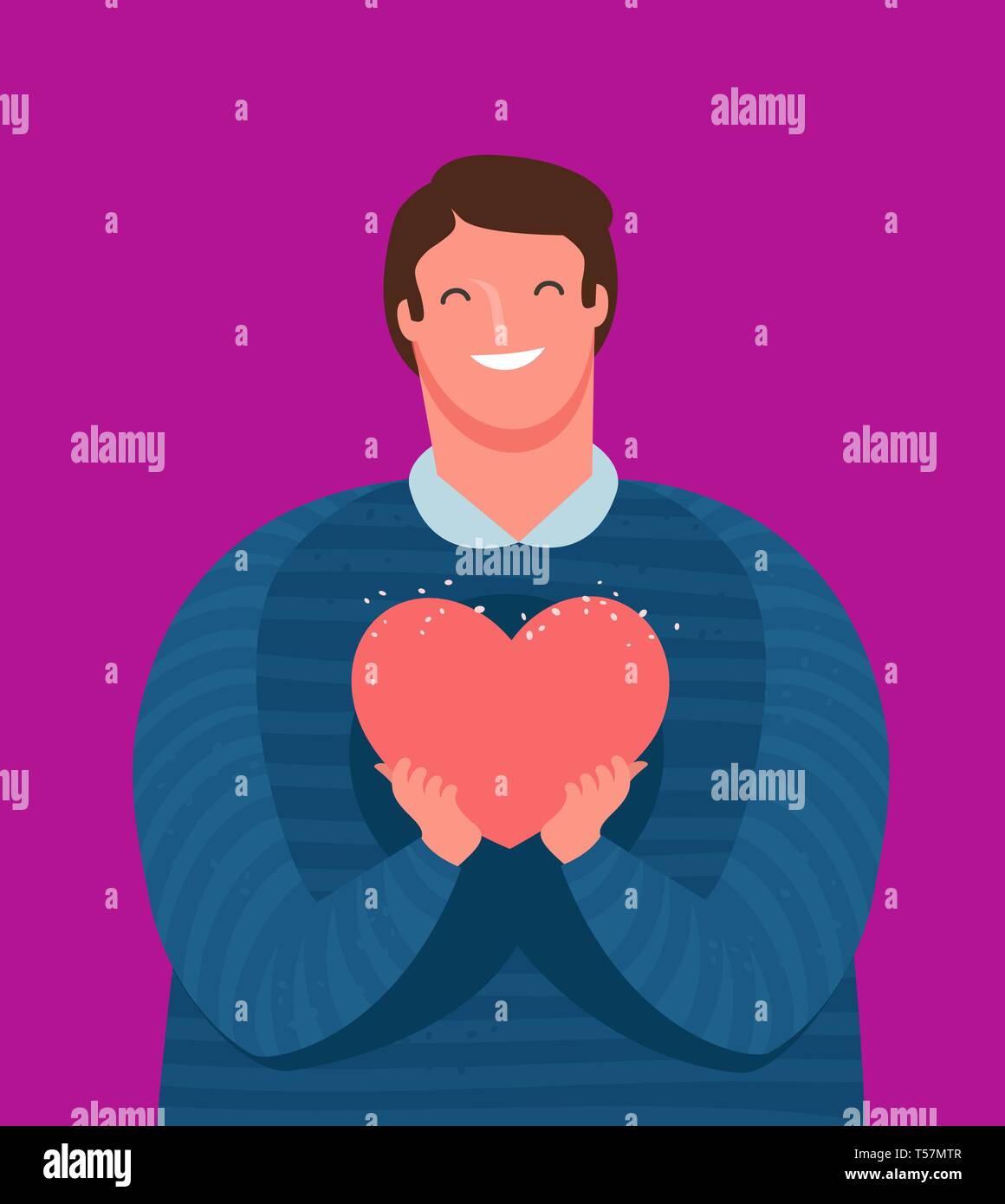 Cute guy holds tenderly a heart in his hands. Love, friendship concept. Cartoon vector illustration Stock Vector