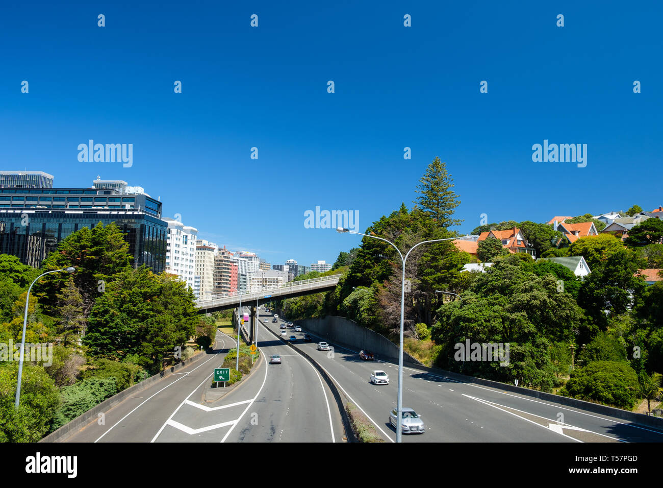 Highway 1 running trough Wellington City,   Wellington, North Island, New Zealand Stock Photo