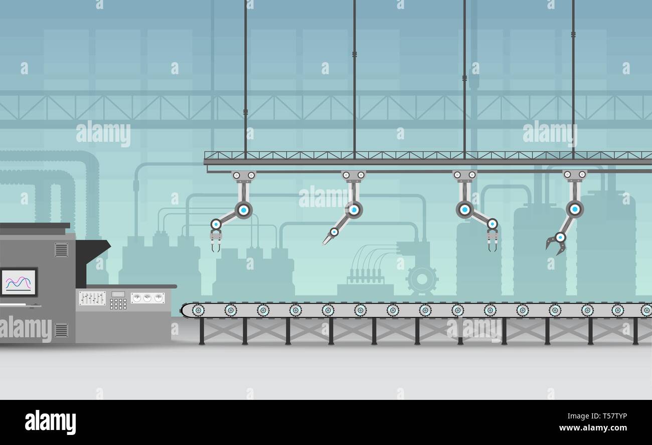 Factory interior with machine and conveyor belt flat design vector