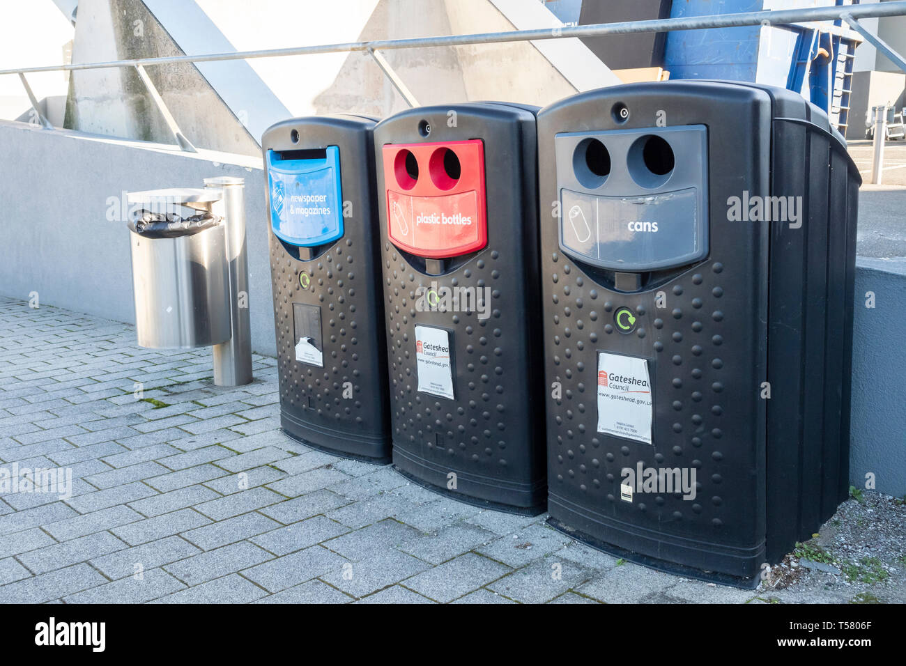 Council Recycling bins for plastic bottles, cans, and newspapers and