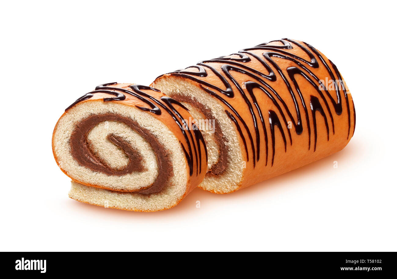 Sponge cake roll isolated on white background, swiss roll with chocolate cream Stock Photo