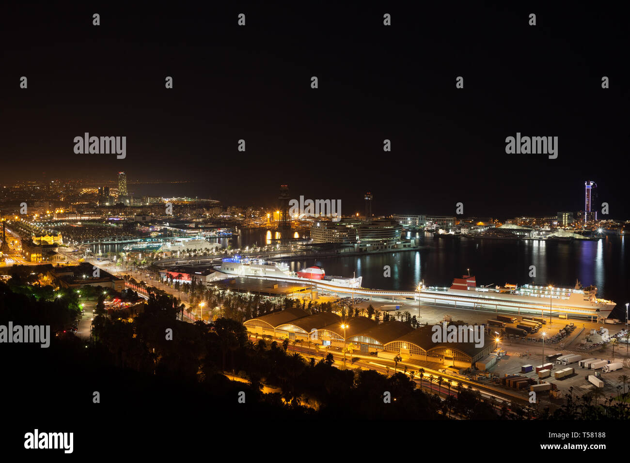 Port of Barcelona at night in Catalonia, Spain Stock Photo