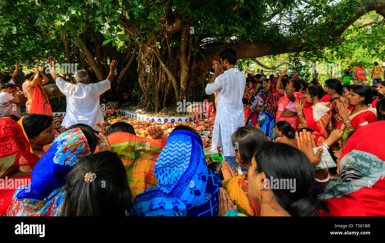 Devotees sit beside arrays of offerings placed under the ancient banyan