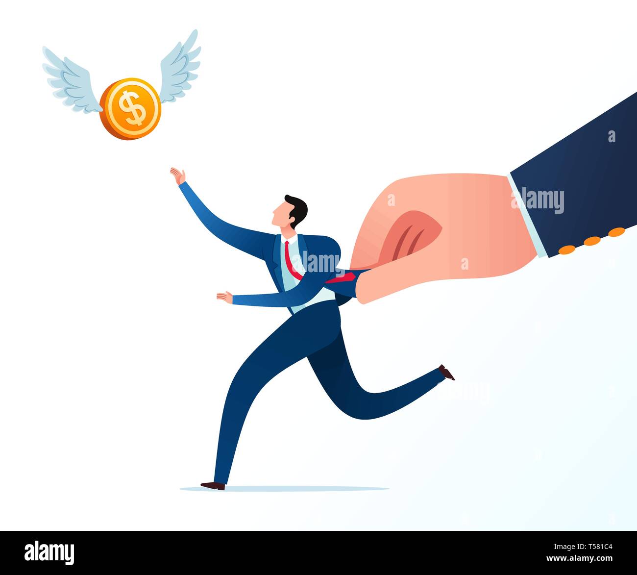 Get hold by boss while chase flying money in the sky. Business concept illustration. Stock Vector