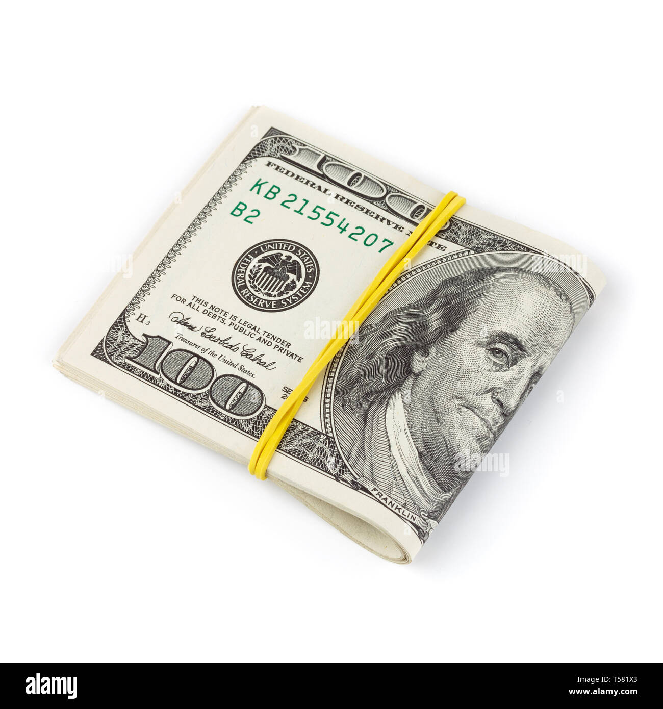 Hundred dollar bills folded and tied with rubber band isolated on white