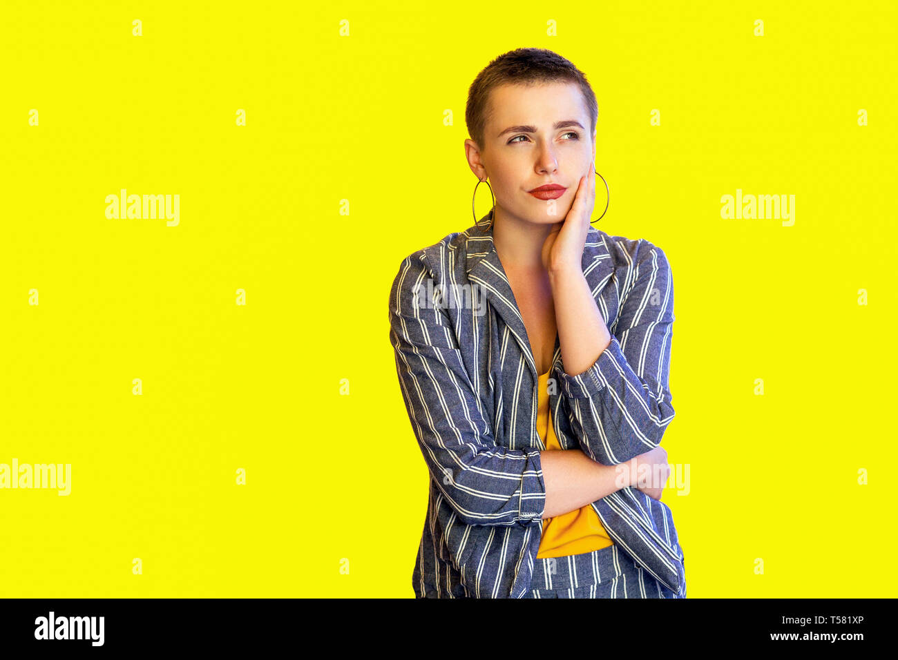 Portrait Of Thoughtful Young Short Hair Fancy Casual Stylish Woman