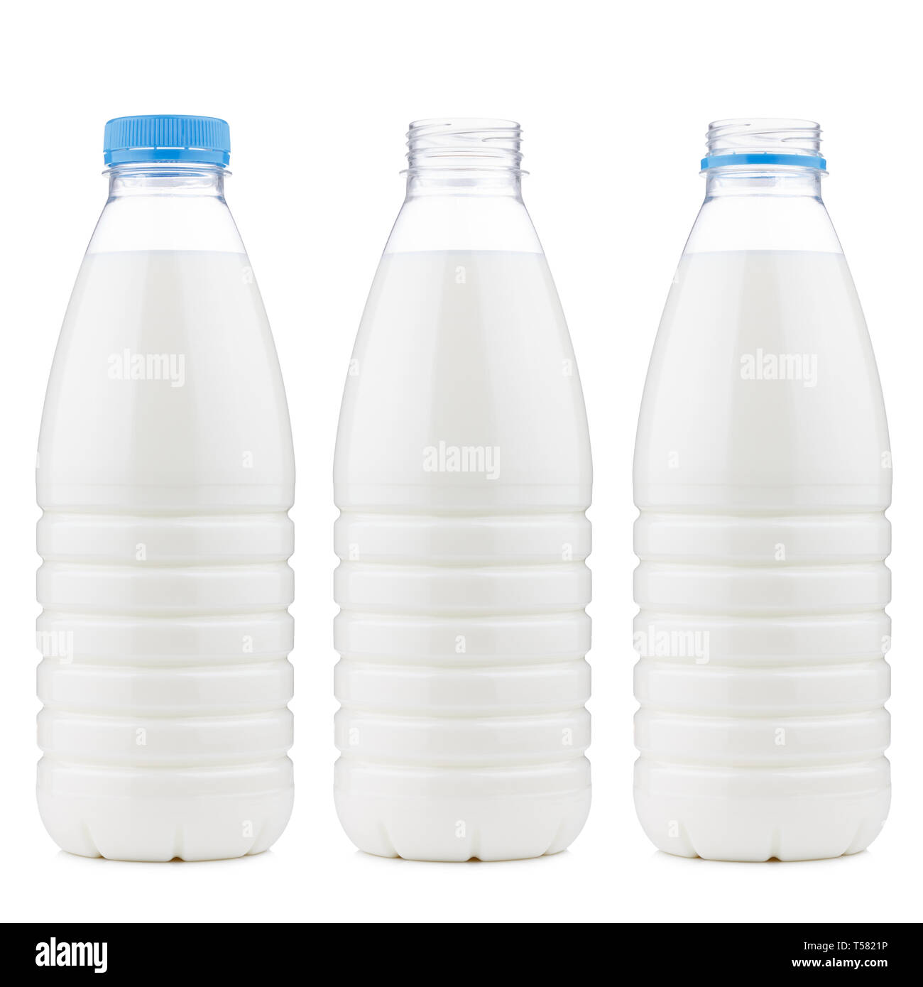 Plastic 1 liter milk bottle closed and open, isolated on white background Stock Photo
