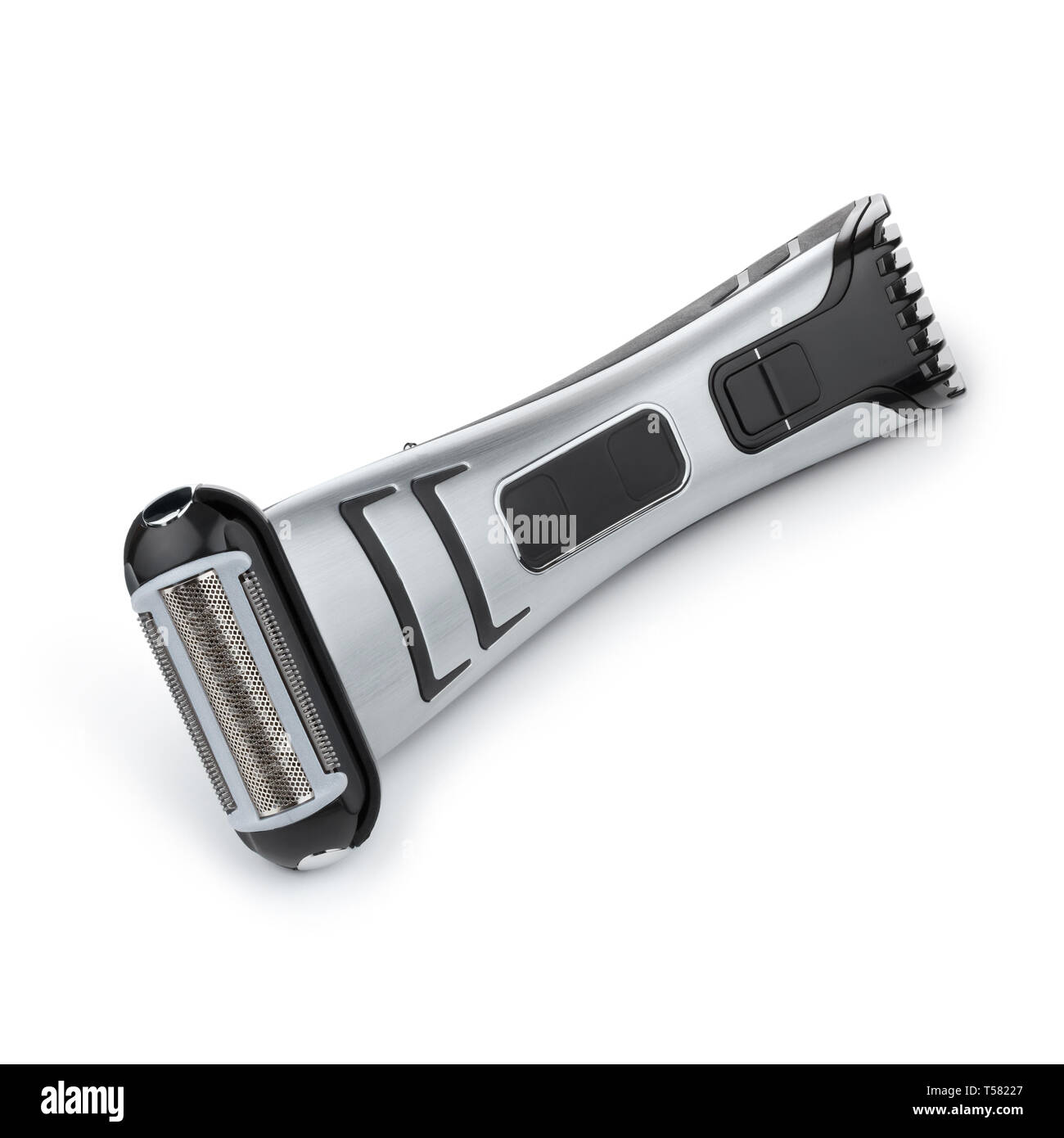Shiny new clean electric shaver with clipper isolated on white