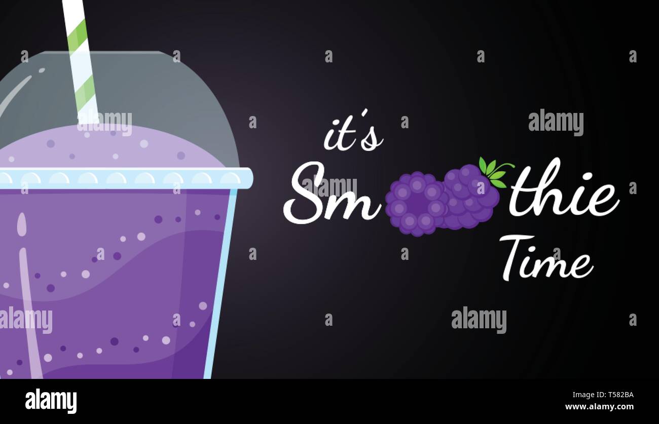 Violet natural smoothie blackberry shake vector illustration. Berries, cup, straw and glass with violet layers of smoothies cocktail, smoothie logo for fitness landing page. Clipping mask applied. Stock Vector