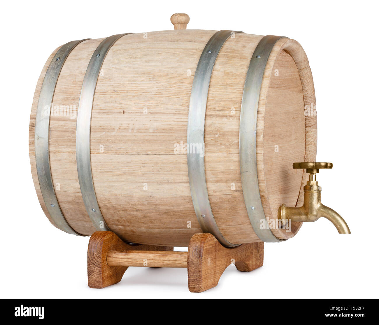 New oak wooden barrel on rack, isolated on white background Stock Photo