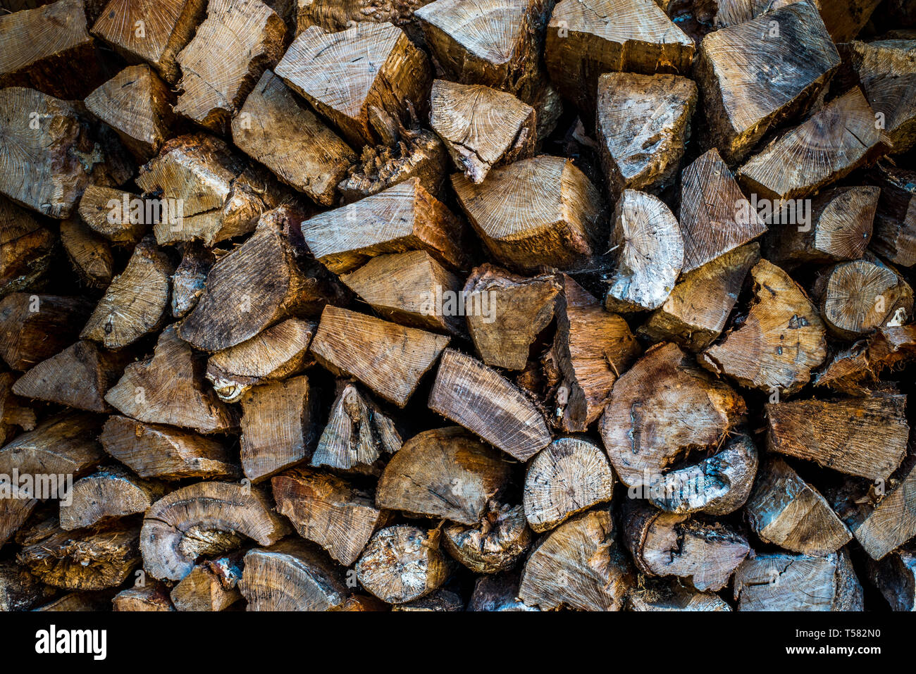 Pile of wood for burining in a wood burner, barbeque, or fire.  Timber log pile Stock Photo