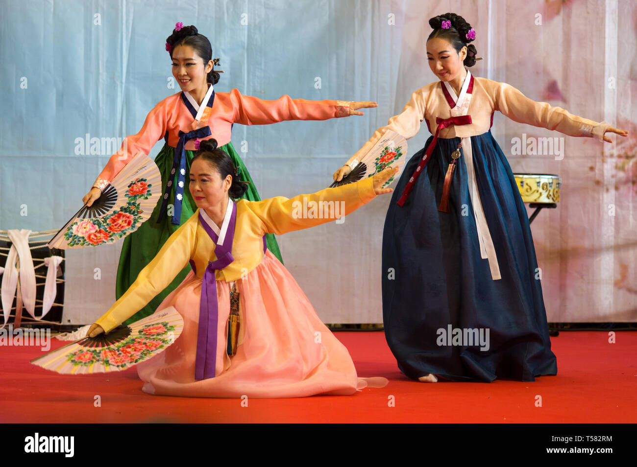 GENOA, ITALY, MARCH 9, 2019 - Korean girls during them performance in the Oriental Festival in Genoa, Italy. Stock Photo