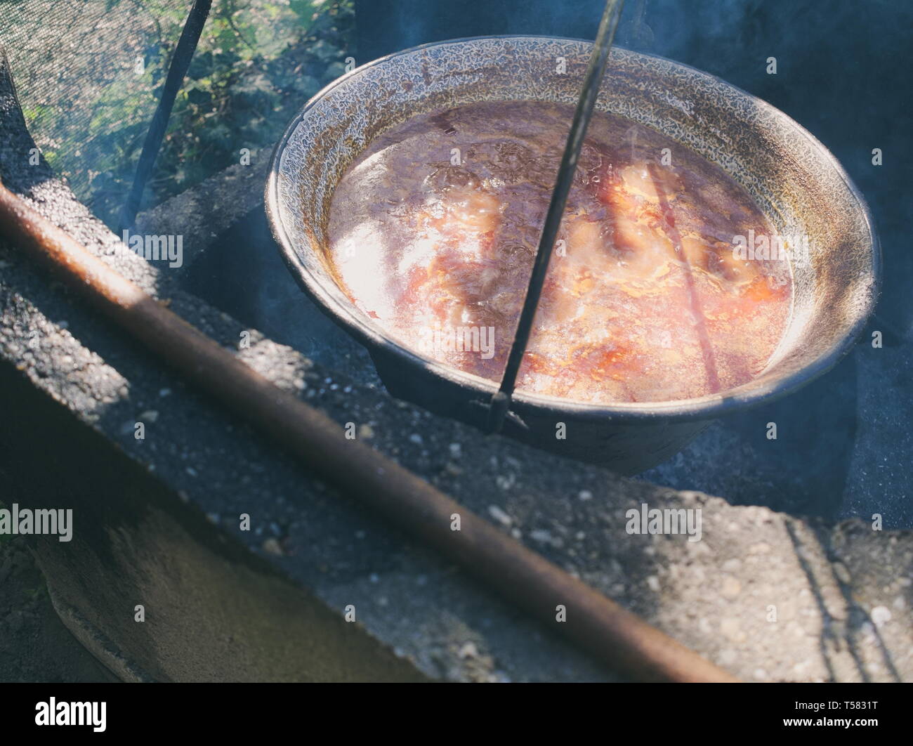 Traditional Hungarian Goulash in the Hot Cauldron Stock Photo