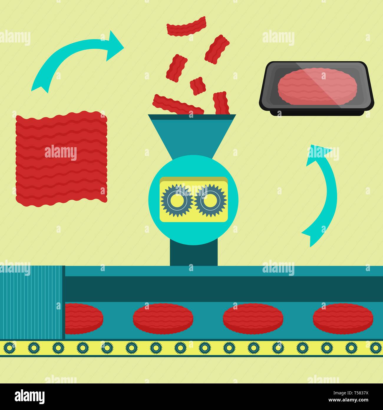 Ground meat processed in burger meat. Burger meat packed in tray Stock