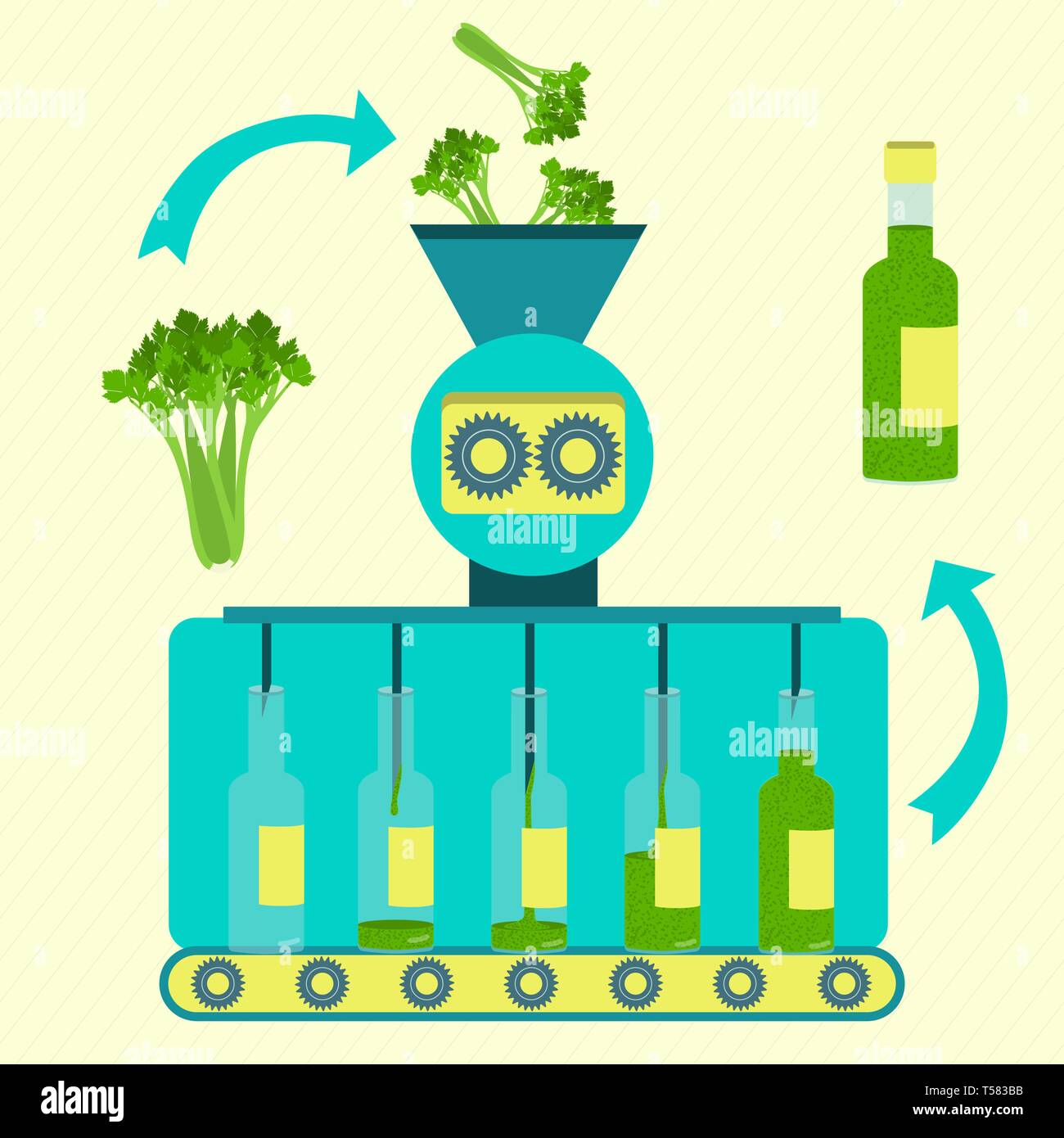 Parsley sauce series production. Factory of parsley sauce. Fresh parsley being processed. Bottled parsley sauce. Stock Vector