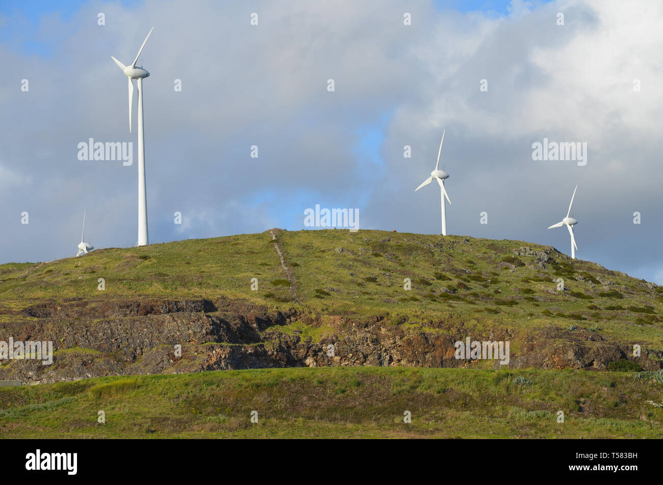 Wind turbines in Santa Maria island, Azores archipelago Stock Photo