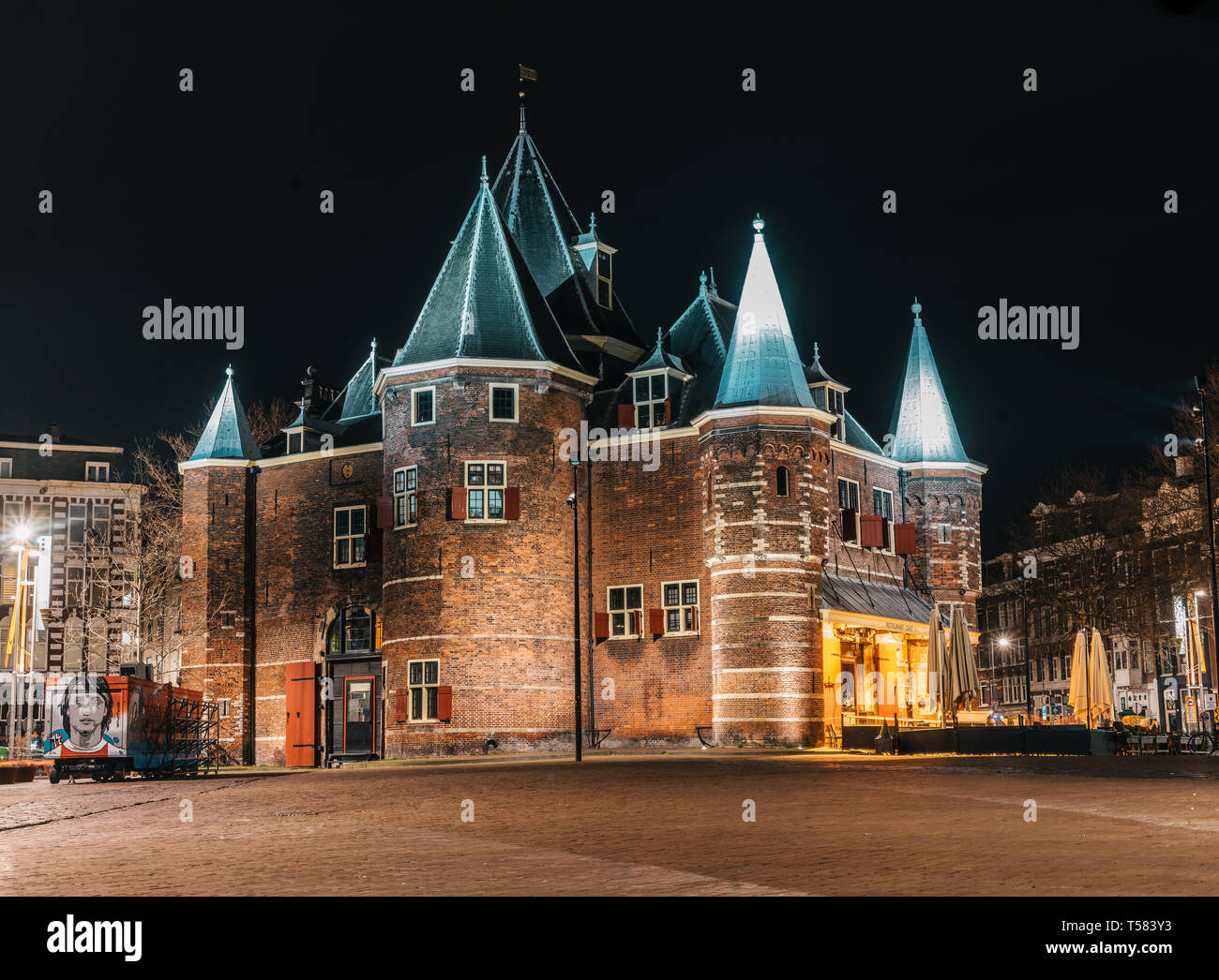 De Waag castle in night Amsterdam with no people Stock Photo