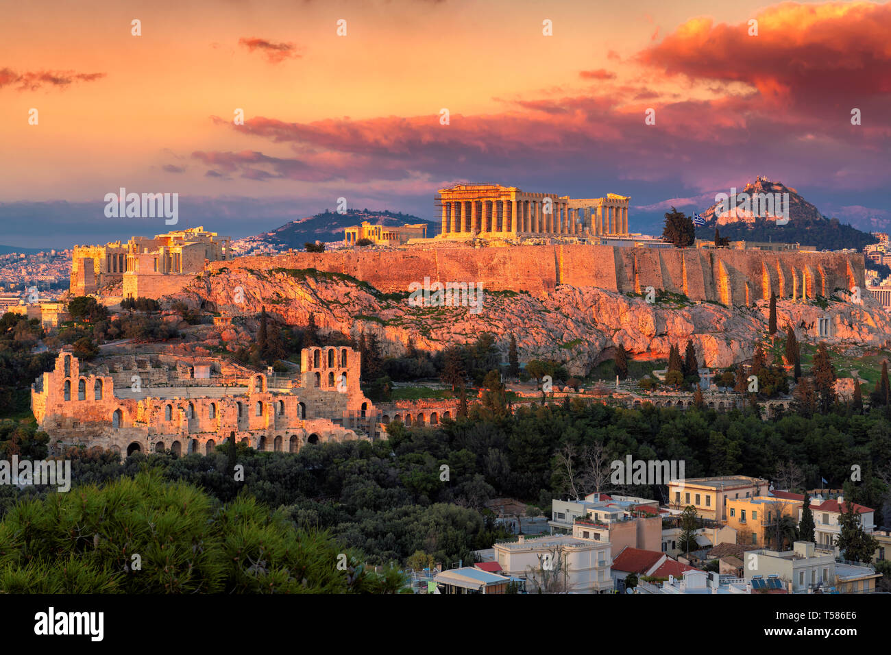 Sunset view of the Acropolis of Athens, Greece, with the Parthenon Temple Stock Photo
