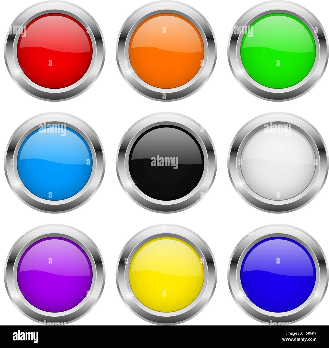 Round buttons. Glass colored icons with chrome frame Stock Vector