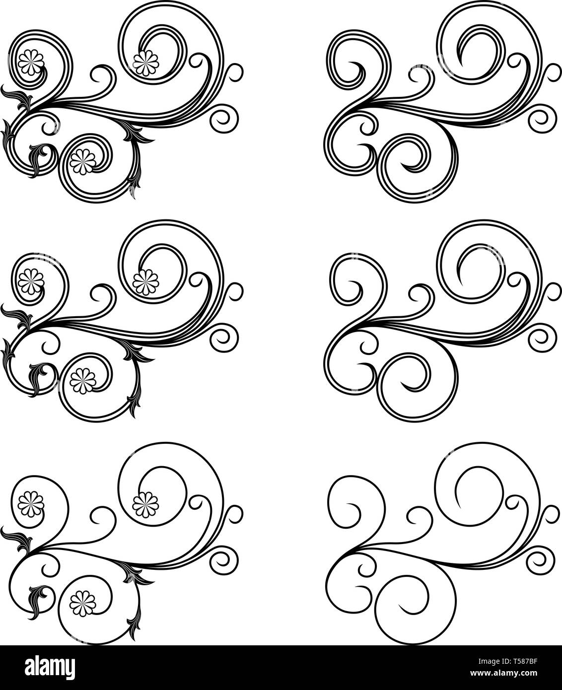 Set of six swirl floral design elements with leaves and flowers, vector ...