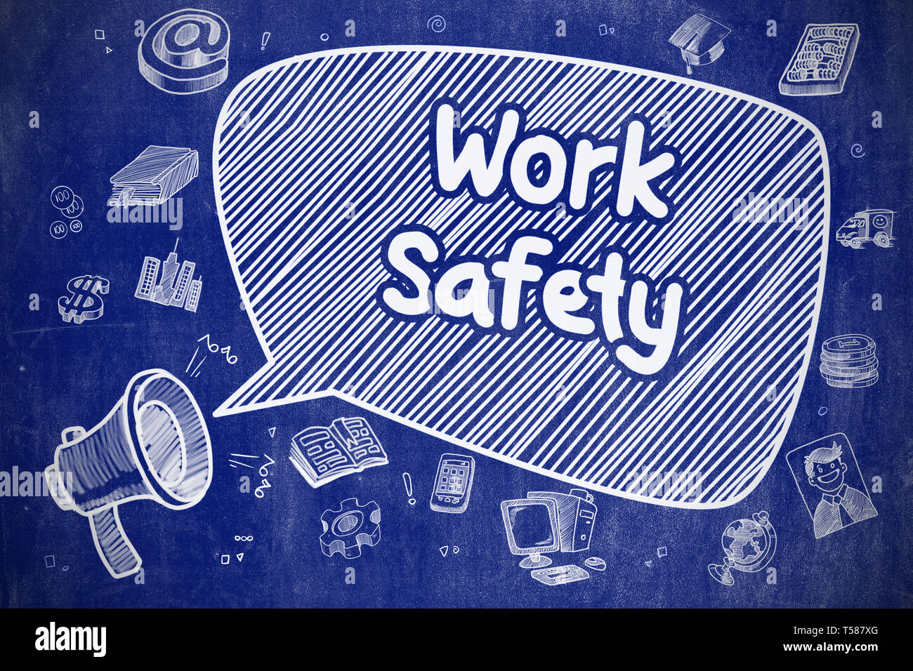 Work Safety Cartoon Illustration on Blue Chalkboard Stock Photo Alamy