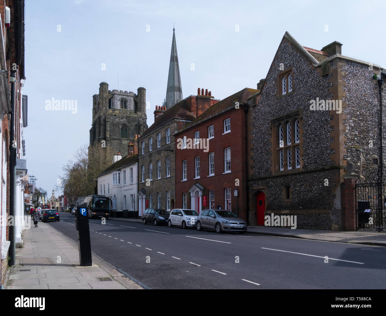 Prebendal School   independent preparatory school buildings Chichester West Sussex UK with the landmark spire of Chichester Cathedral in background Stock Photo