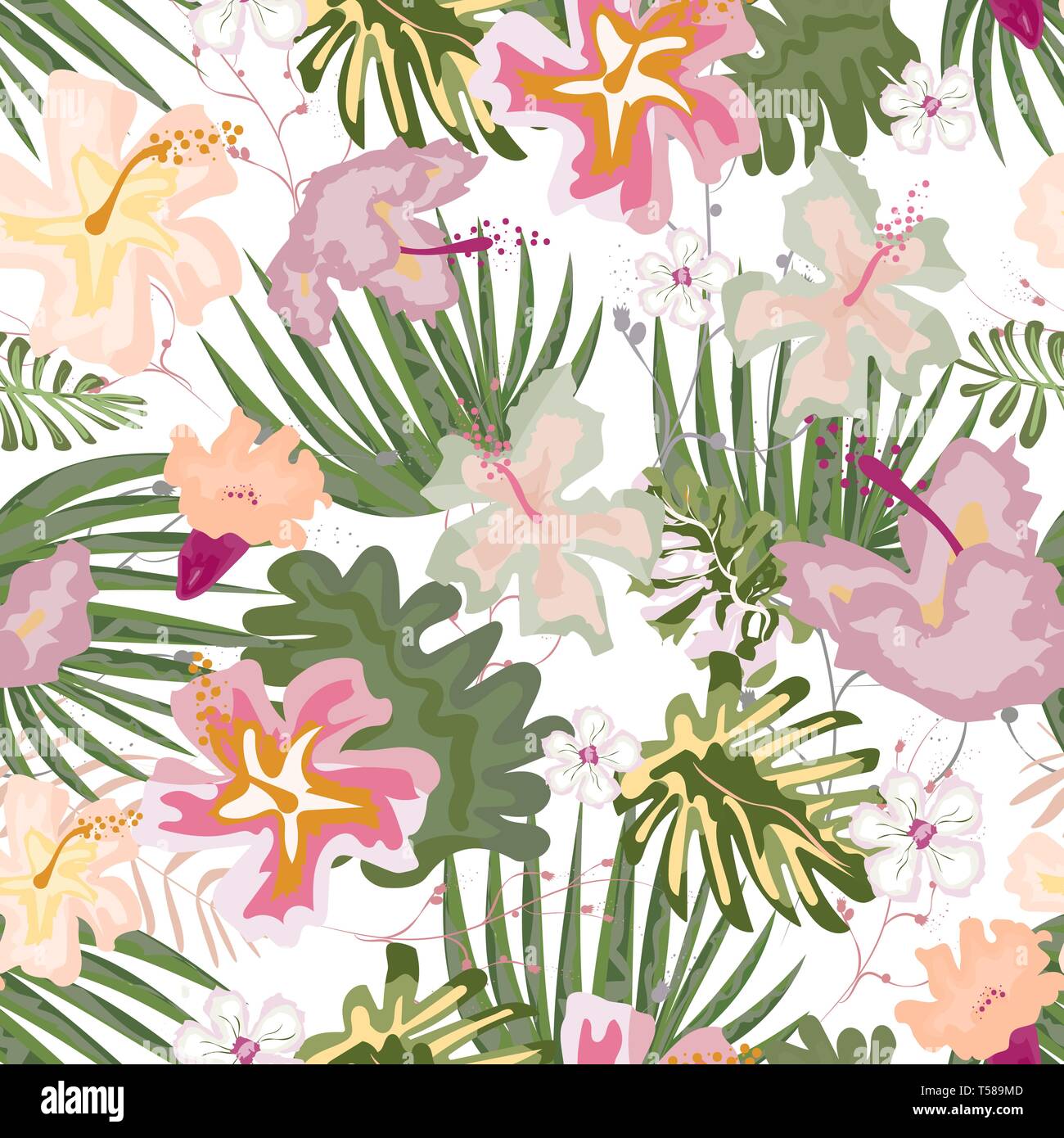 Seamless Pattern Of Tropical Flowers Vector Illustration