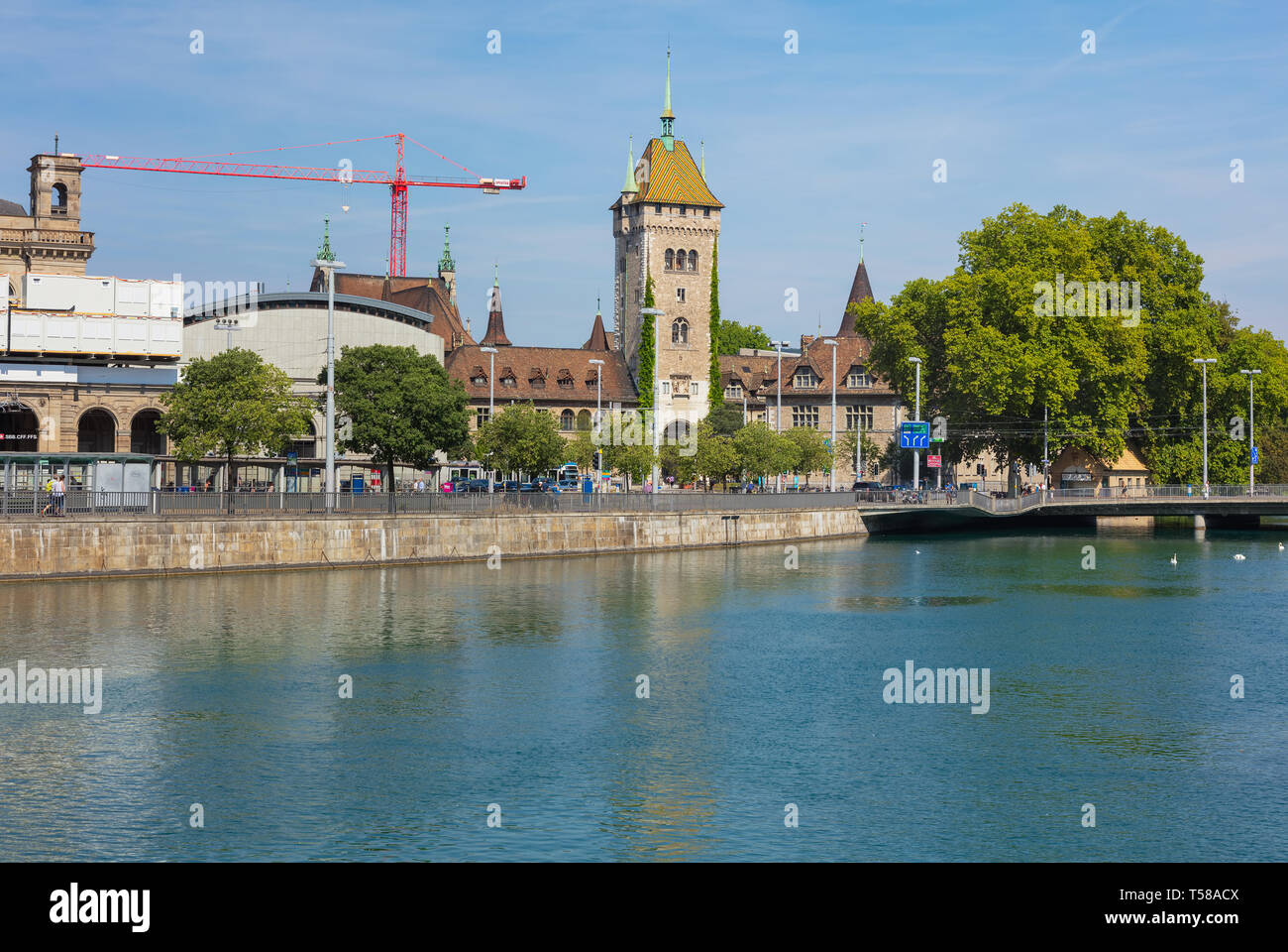 Zurich, Switzerland - August 1, 2018: the Limmat river, building of the