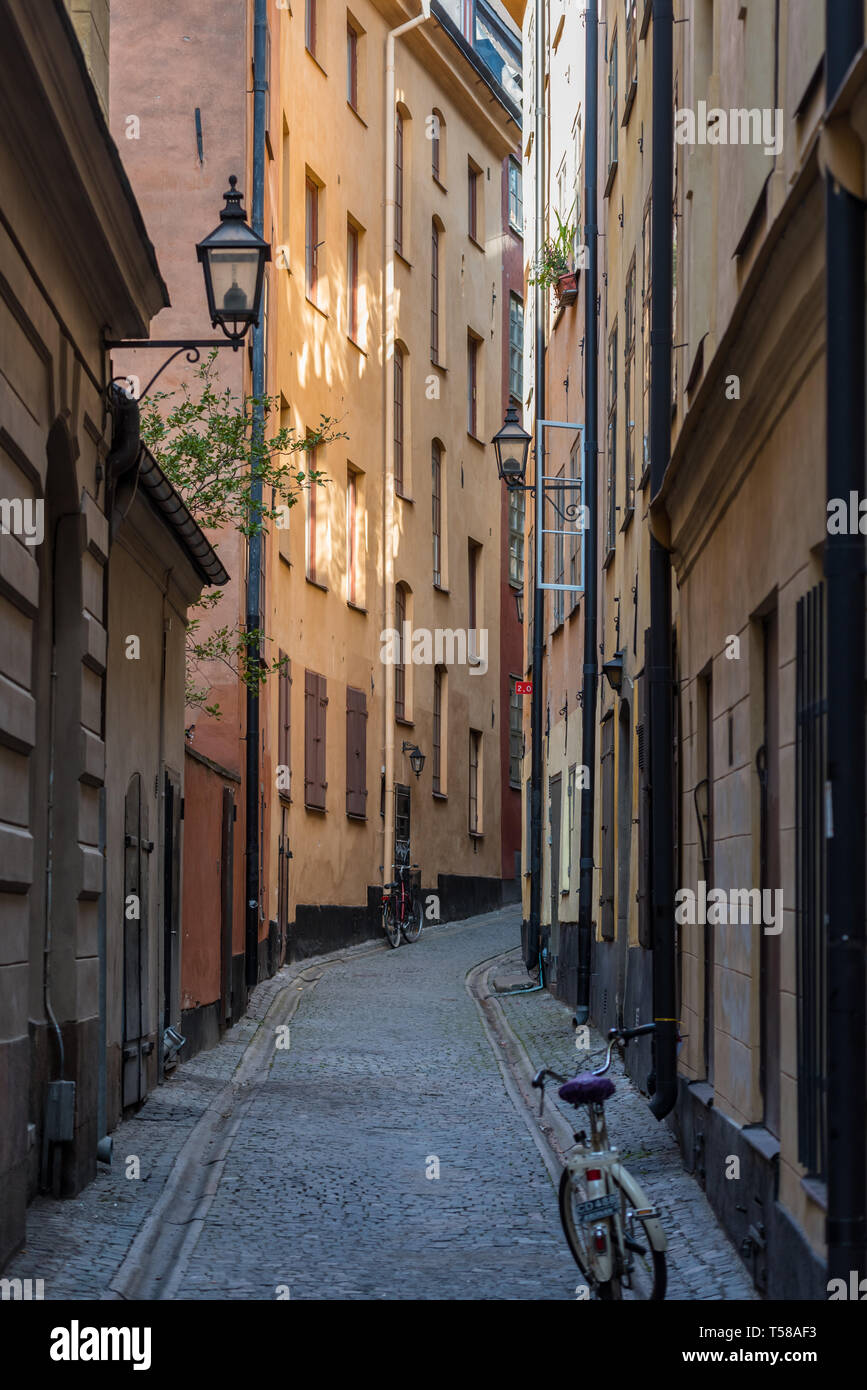 Bicycles in one of the many picturesque alleys linking the streets of Stockholm's Gamla stan old town Stock Photo