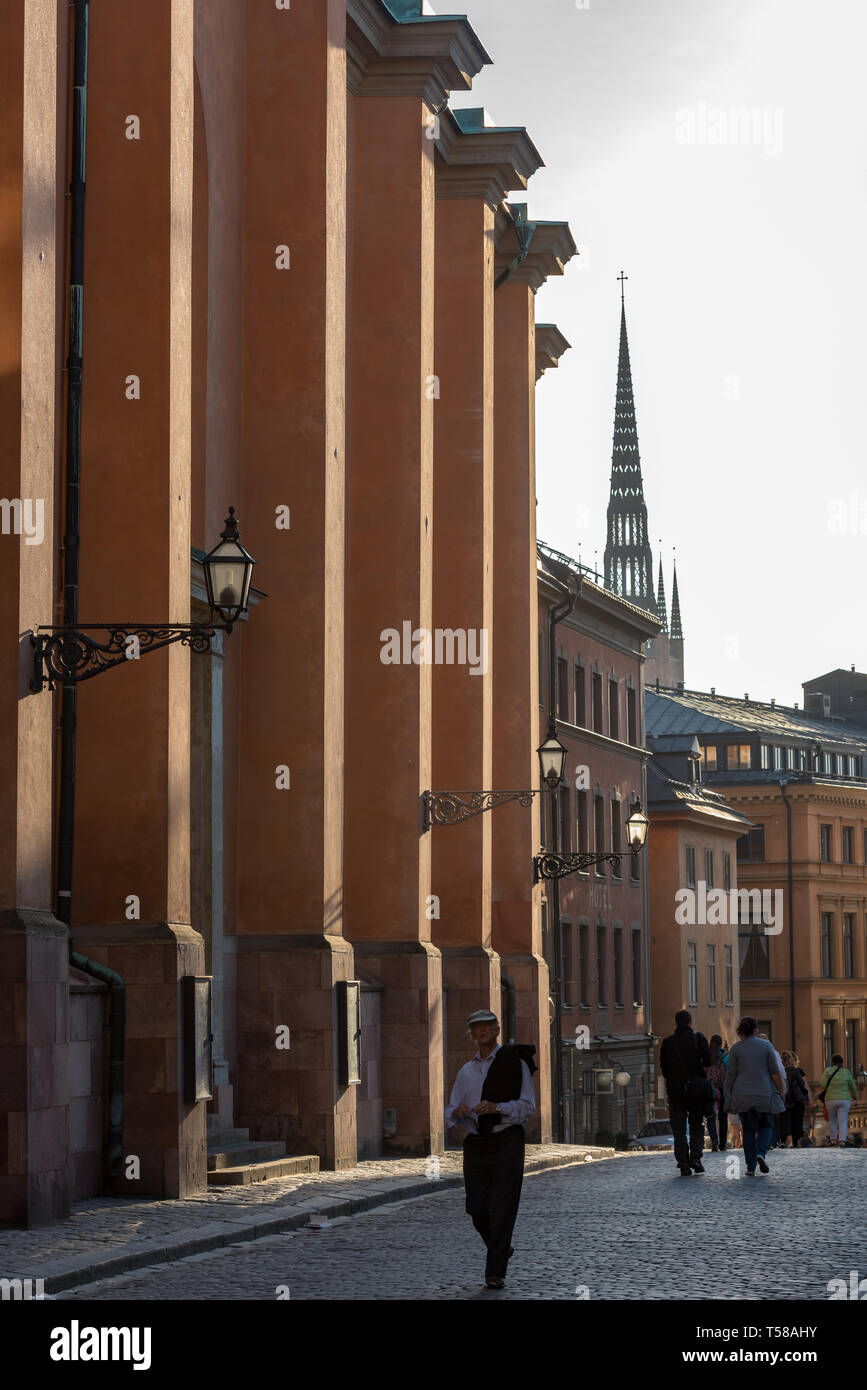 Storkyrkan and the view across Gamla Stan to the cast iron spire of Riddarholmskyrkan Stock Photo